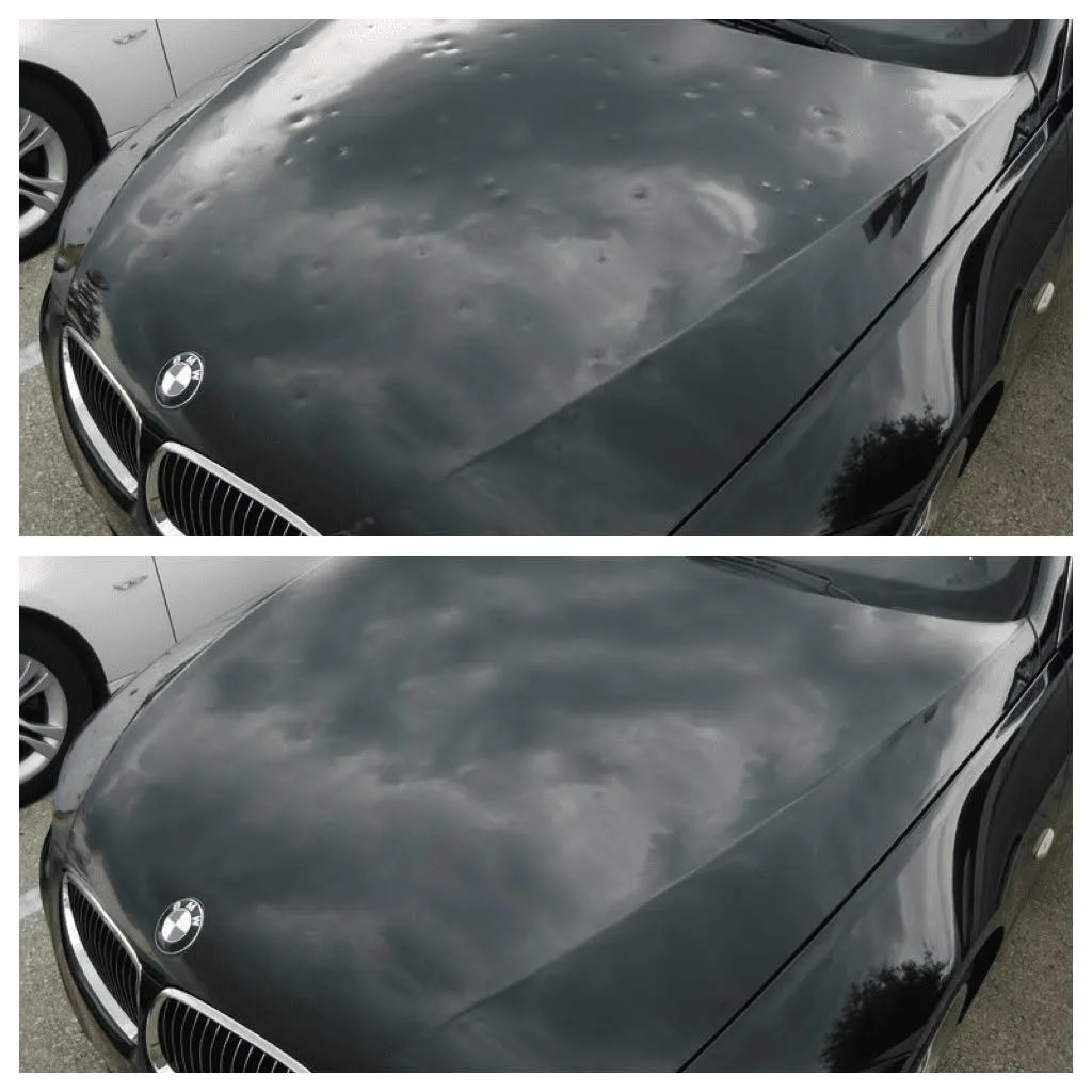 Before and after example of a hail-damaged vehicle hood repaired using paintless dent repair